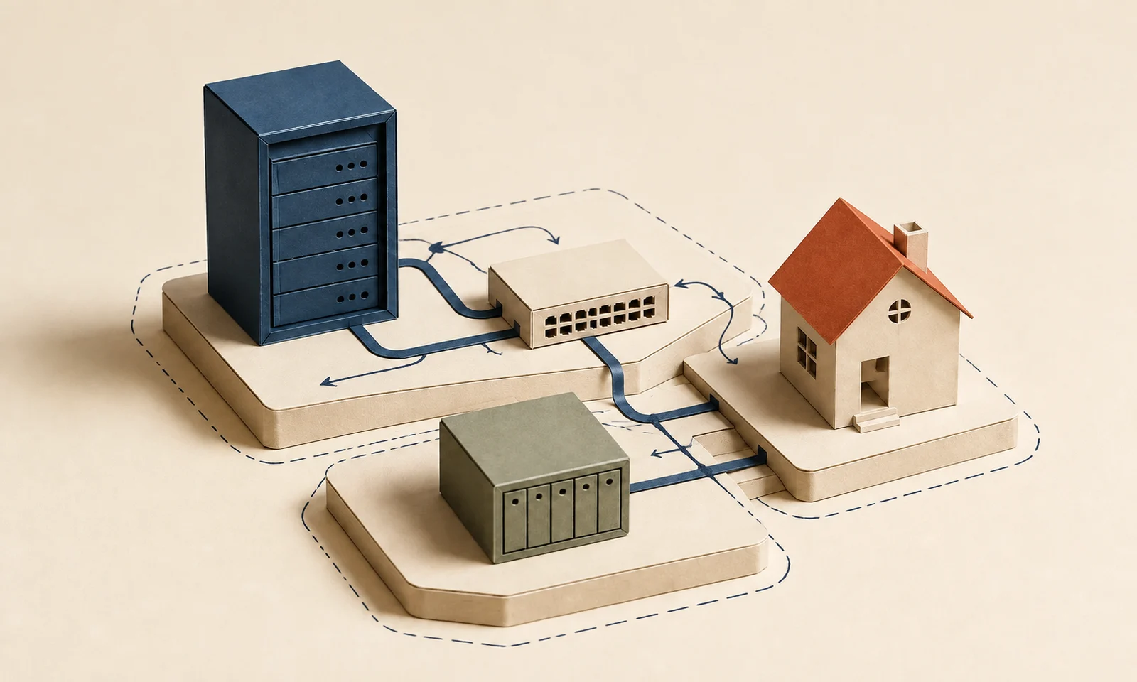 Papercraft server, switch, storage, and house with illustrated connection arrows and dashed group boundaries.
